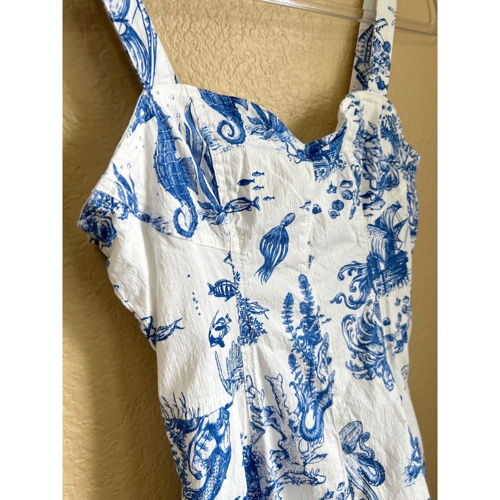 Avec Les Filles Blue White Mermaid Toile Nautical Midi Dress Size 4 sweetheart - Picture 4 of 11